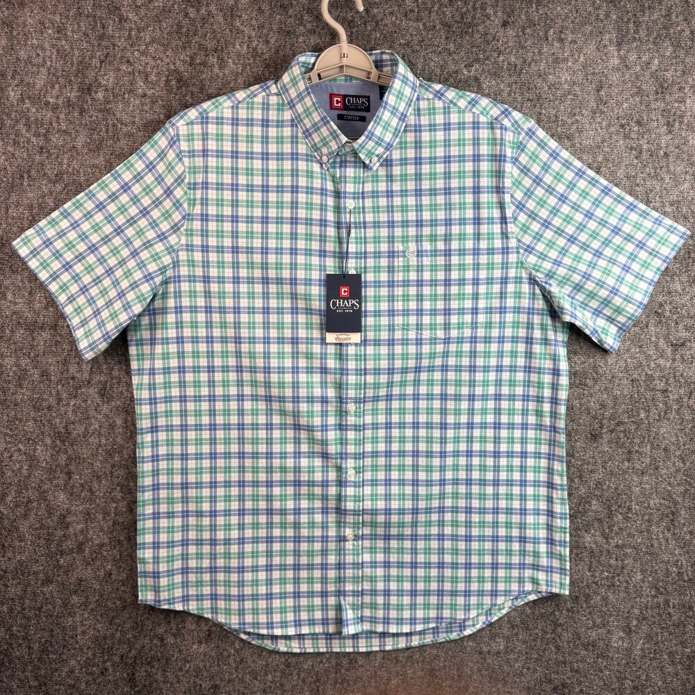 Chaps Men XL Short Sleeve Plaid Button Up‎ Shirt NWT Pool Blue